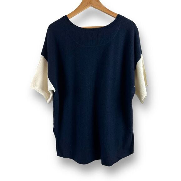 Vince M Short Sleeve Cashmere Sweater Navy Blue Cream Colorblock Minimalist - Picture 2 of 8